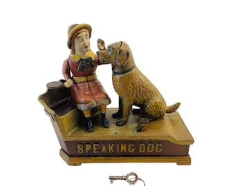Antique 1800's Cast Iron Mechanical Bank with Key "Speaking Dog"
