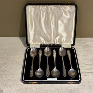 Antique Set of Six Sterling Silver Dessert Spoons in Display Case