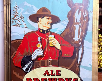 Vintage Original Drewrys Beer Sign RCMP Mountie and Horse Advertising