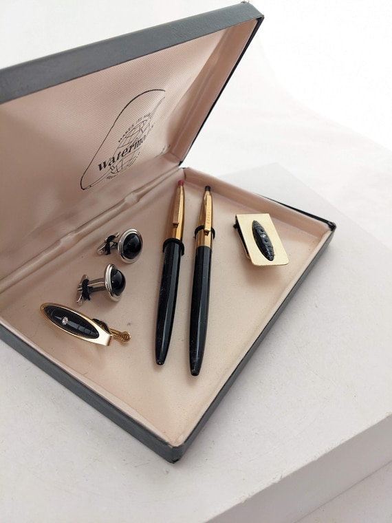 Ensemble Boutons De Manchette Et Stylo Merlin Vintage - Or, Dans Son étui D'origine
