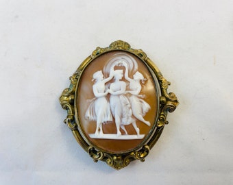 Antique Shell Cameo Brooch - Three Graces in a Bezel Setting with Gold Plated Frame