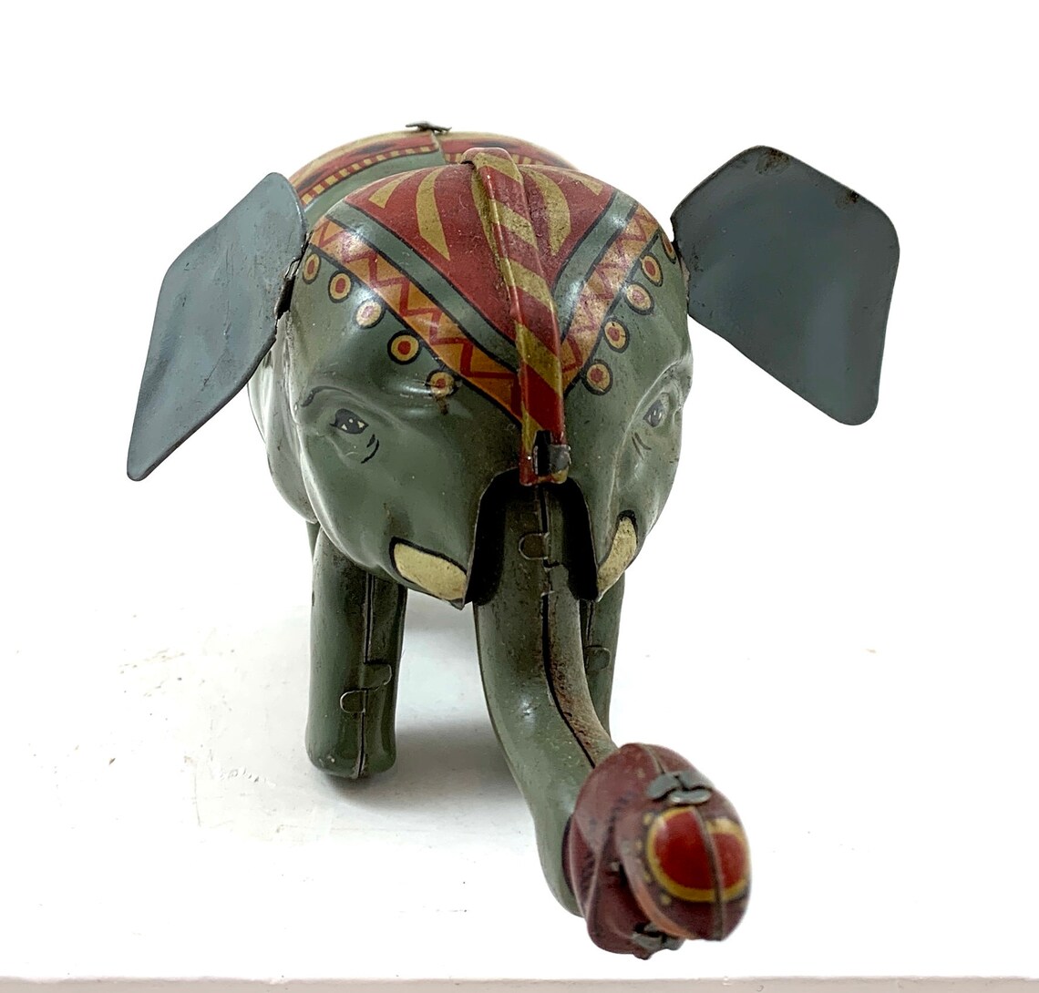 Vintage Tin Wind Up Walking Elephant w Monkey Toy Etsy