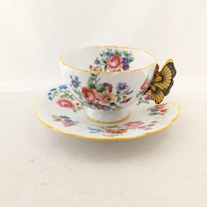 Rare Vintage Aynsley Teacup and Saucer with Yellow Butterfly Handle