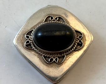 Vintage Sterling Silver Snuff Box with Black Stone Accent