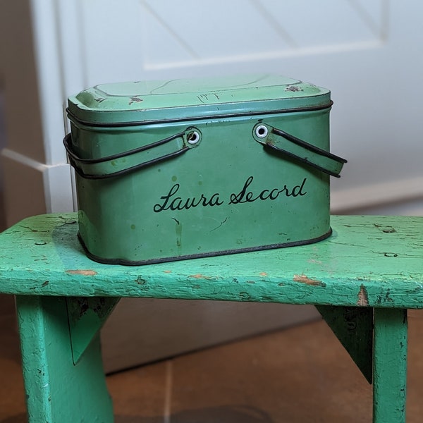 Vintage 1950's Laura Secord Green Lunch Box Tin, Collectable, Advertising, Chocolate, Food, Gift, Decor