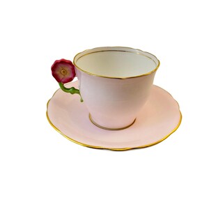 Vintage Solid Pink and White Flowered Handle Cup with Saucer