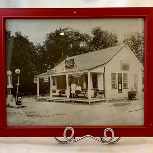 Vintage Framed Black & White Photo of a Gas Station
