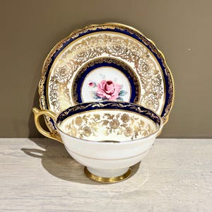 Vintage Paragon Double Warrant Pink Rose Cobalt Blue with Gold Tea Cup and Saucer