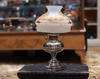 Antique Rayo Nickel Plated Oil Lamp with Hand Painted Shade