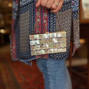 Cartera de mano vintage de nácar con minaudière compacto: rayas de diamantes de imitación azules y transparentes