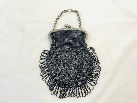 Early Black beaded Purse with Chain - image 1