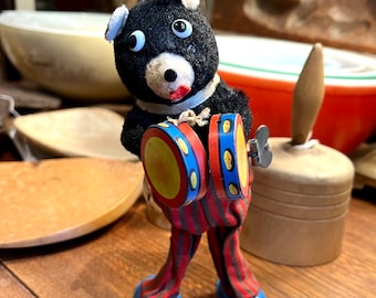 Vintage Wind up Toy Bear - Working Condition, Black Bear with Cymbals, Drums, Drumming Bear, Circus Bear, Vintage wind up toys, collectible