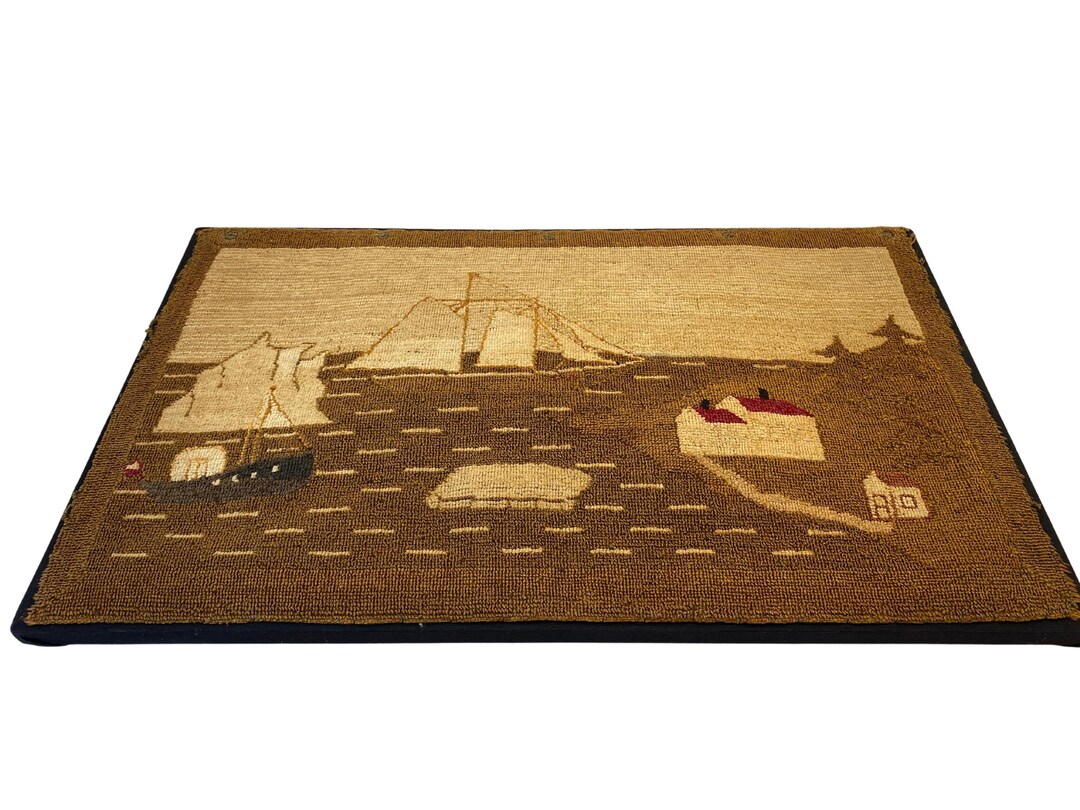 Early Grenfell Hooked Rug Village Scene With Ship and Iceberg Etsy
