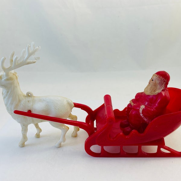 1950's Plastic Santa Claus on Sleigh with Reindeer Ornament