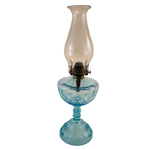 Antique 19th Century Aqua Blue Cut Glass Oil Lamp