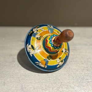 1940s Small Metal Spinning Top with Wooden Handle