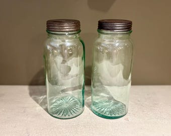 Pair of Early Aqua Blue Fruit Canning Jars with Lids