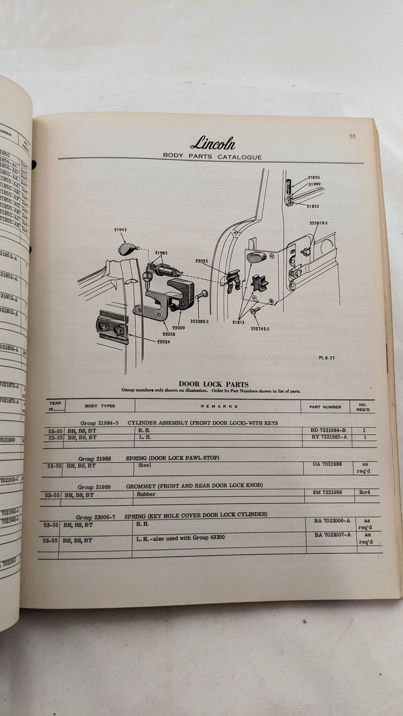 May include: A black and white diagram of a car door lock assembly with parts labeled and numbered. The diagram shows the location of the cylinder assembly, spring, grommet, and key hole cover spring. The parts list includes the part number, quantity, and remarks for each part.