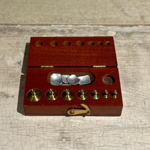 Vintage Brass Apothecary Balance Scale Weight Set in Wood Box