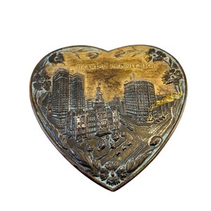 Vintage Heart Shaped Detroit Michigan Embossed 3 Sides Metal Box