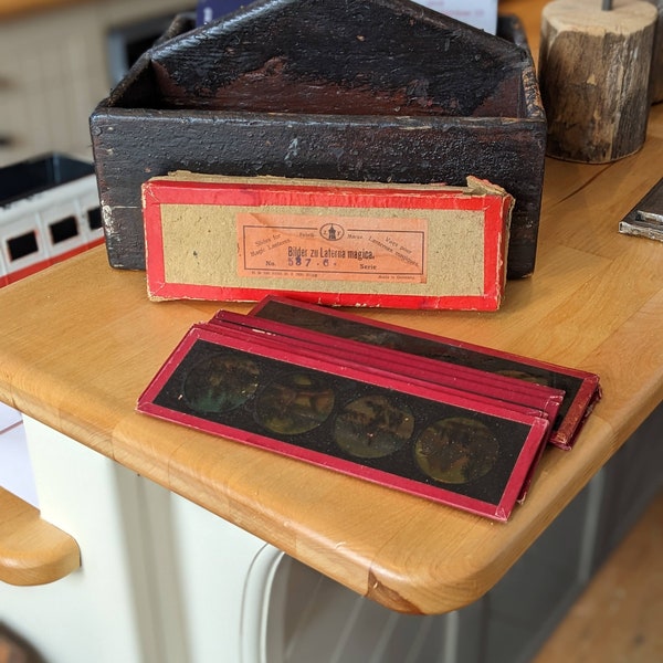 19th Century German Magic Lantern Glass Slides QTY 12 in Original Box