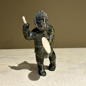 Signed Youtie Sudloo Inuit Soapstone and Antler Carving of a Drum Player