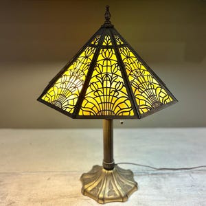 Vintage Arts and Crafts Table Lamp with Brass Overlay and Slag Glass