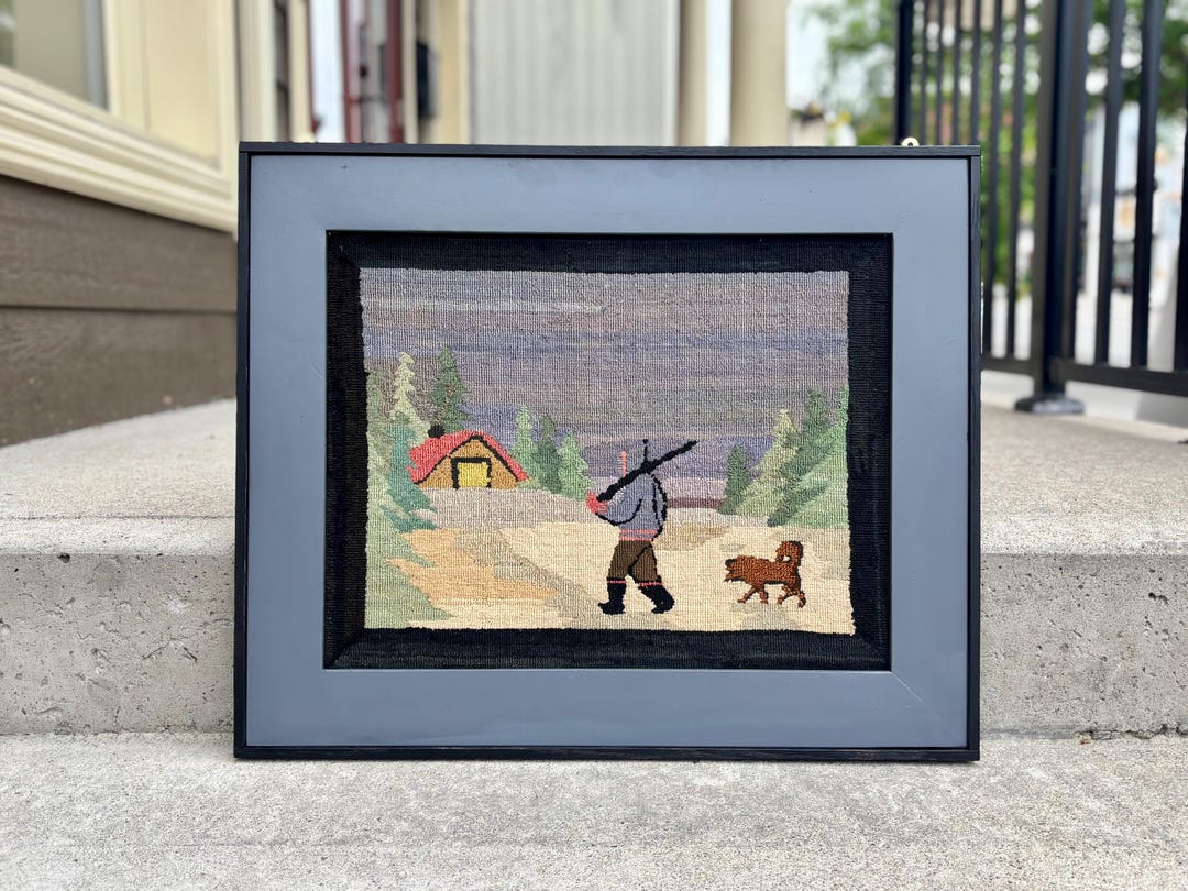 Labrador Hand Hooked Rug Framed Hooked Grenfell Labrador Industries Rug of a Hunter, Dog, and ...