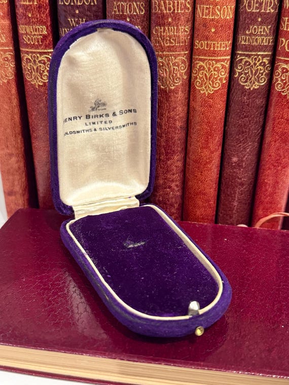 Antique Henry Birks & Sons Dark Purple Velvet Push Button Pin Jewelry Display Box