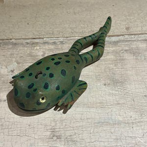 Vintage Folk Art Carved Frog Ice Fishing Decoy with Glass Eyes