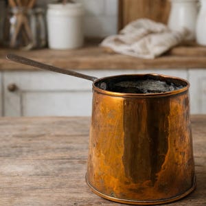 May include: A copper saucepan with a long handle, perfect for the kitchen. The pot has a rounded base and a cylindrical body. The copper has a warm, reddish-brown hue, with signs of age and use. The handle is made of a darker metal.
