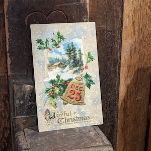 Carte postale de Noël ancienne de 1910 en relief - Scène d'hiver en laiton avec cloche