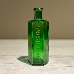 Antique Hexagonal Green Glass Poison Bottle