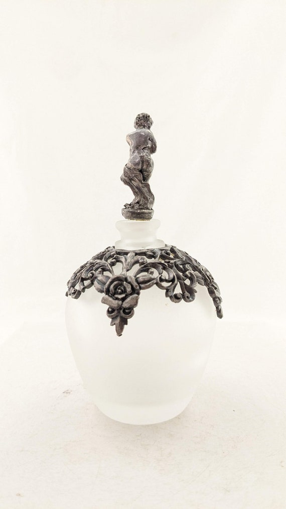 Vintage Satin Glass and Pewter Cherub Perfume Bot… - image 3