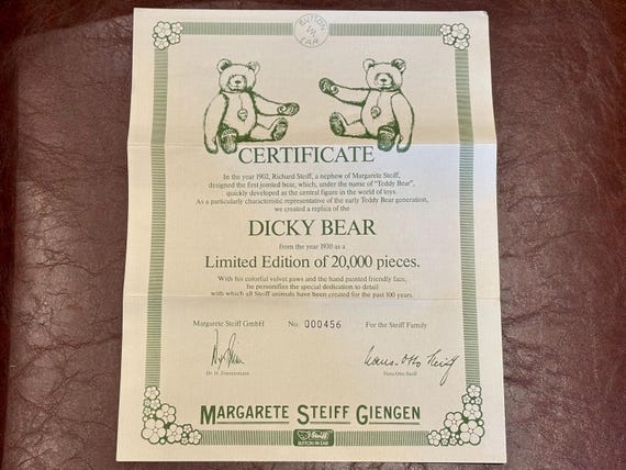 Large Steiff Dicky 1930 Replica Mohair Teddy Bear, Limited Edition