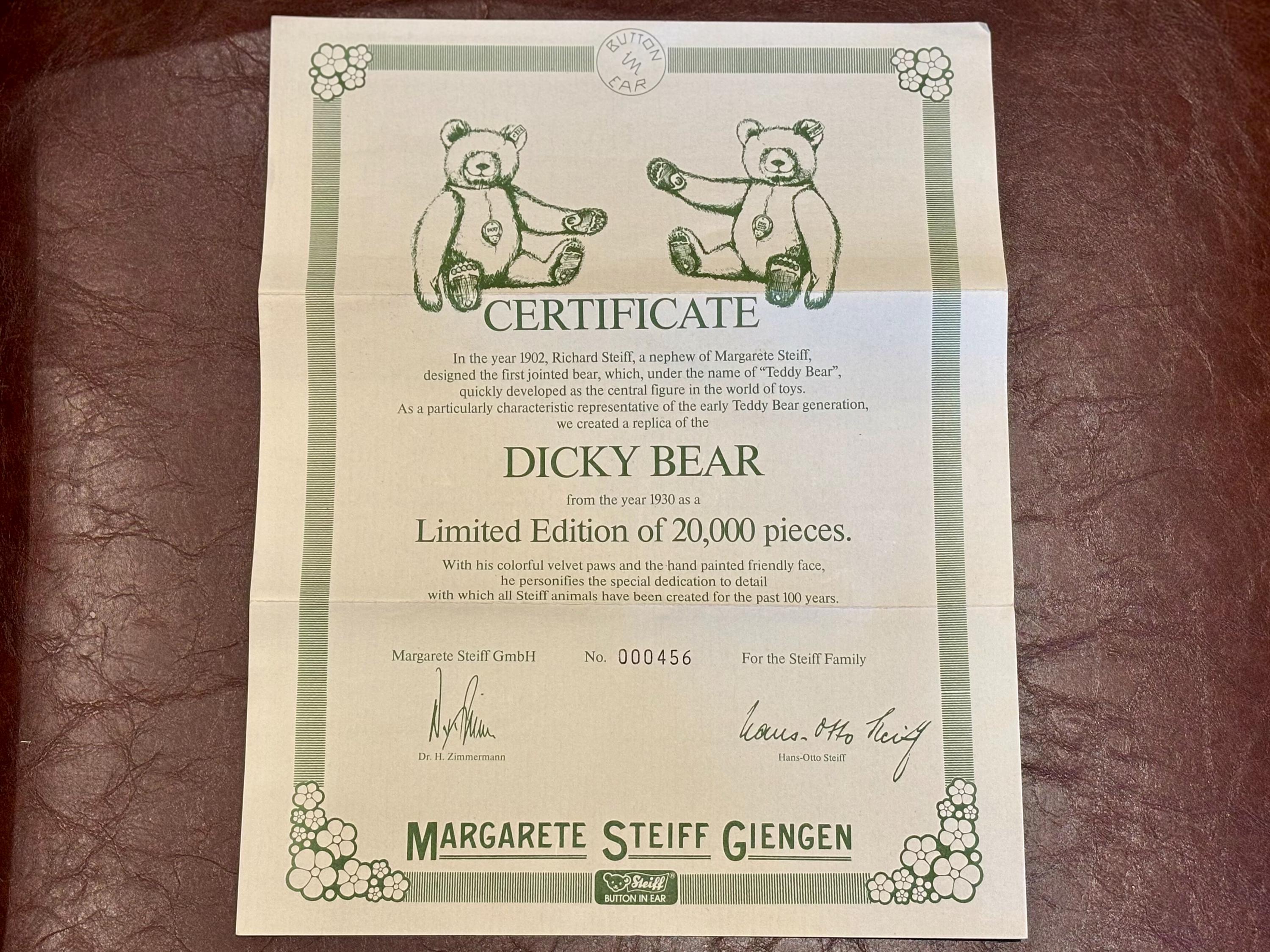 Large Steiff Dicky 1930 Replica Mohair Teddy Bear, Limited Edition