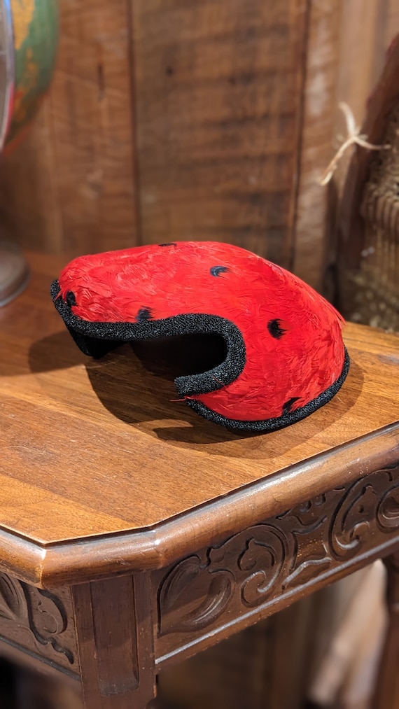 Vintage Red and Black Feathered Hat Black & Red Polka Dot Feather Hat, Vintage Mid Century  main image 2