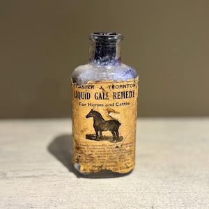 May include: An antique glass bottle with a label that reads "LIQUID GALE REMEDY For Horses and Cattle." The label features a black silhouette of a horse. The bottle has a dark blue top and is aged.