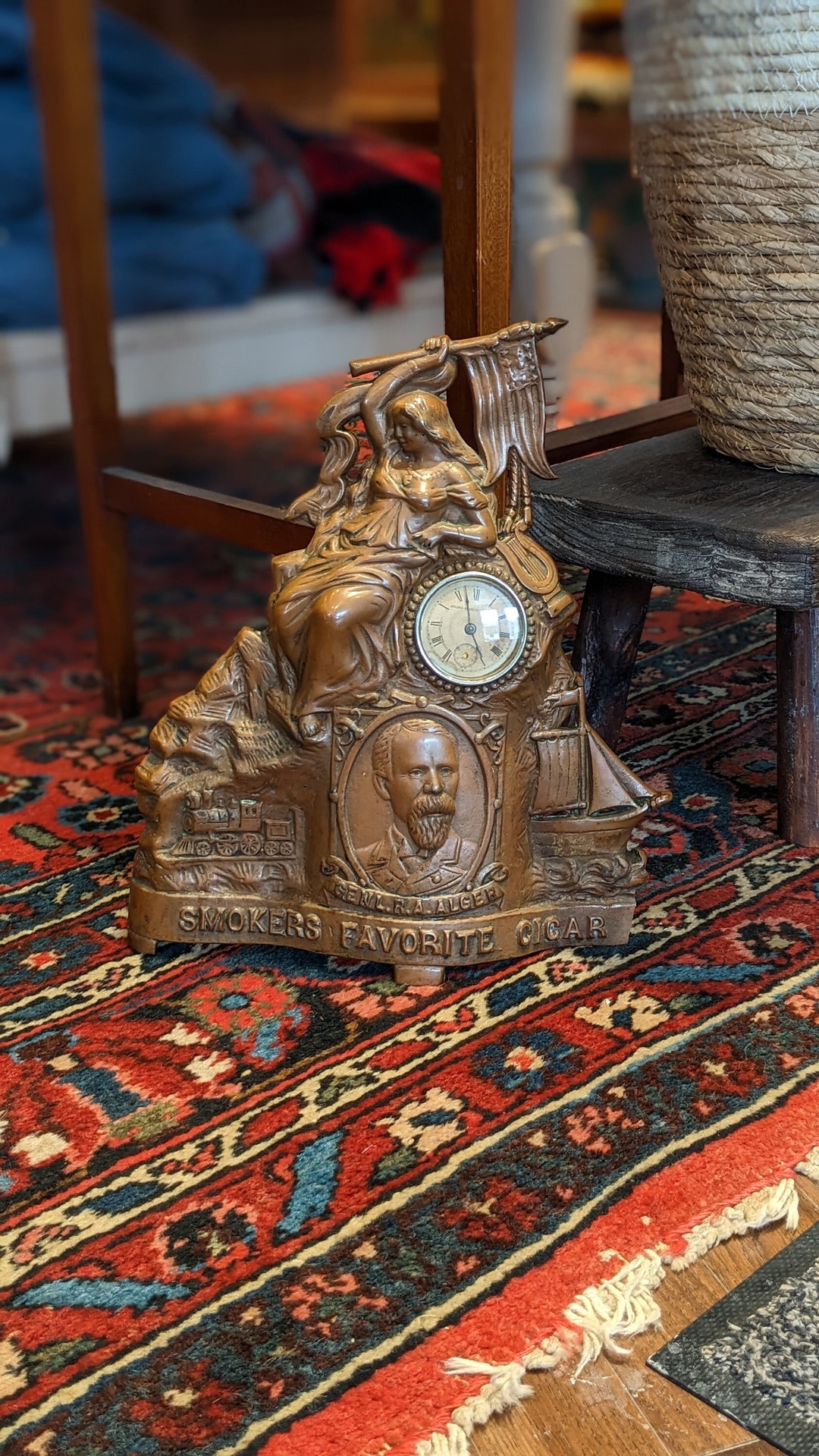 Antique 1890's R.A. Alger Smokers Favourite Cigar Display Bronze Clock