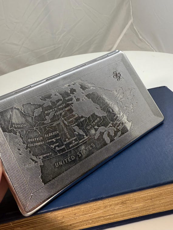 cigarette case canada Vintage Stainless With Map of by Mayell – England C.1940's Push and slide for coil lighter Canada Flag Canadian Maple Leaf