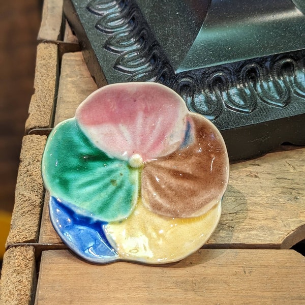 Antique Griffen Smith & Hill Etruscan Majolica Multi Colour Flower Butter Pat C.1879- C, Kitchen, Trinket Dish, Floral, Decor, Gift