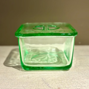 1930s Green Uranium Depression Glass Refrigerator Dish