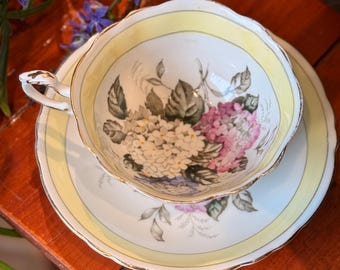 Vintage Paragon Double Warrant Hydrangea Teacup and Saucer Yellow Band Fine Bone China England