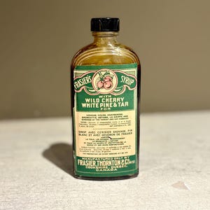 Vintage Fasier&#39;s Medicinal Wild Cherry, White Pine, and Tar Syrup Bottle with Original Syrup