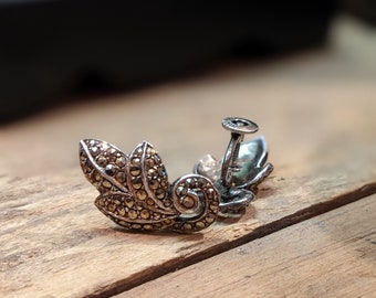Art Deco Sterling Silver Marcasite Leaf Earrings - Antique Screw Back