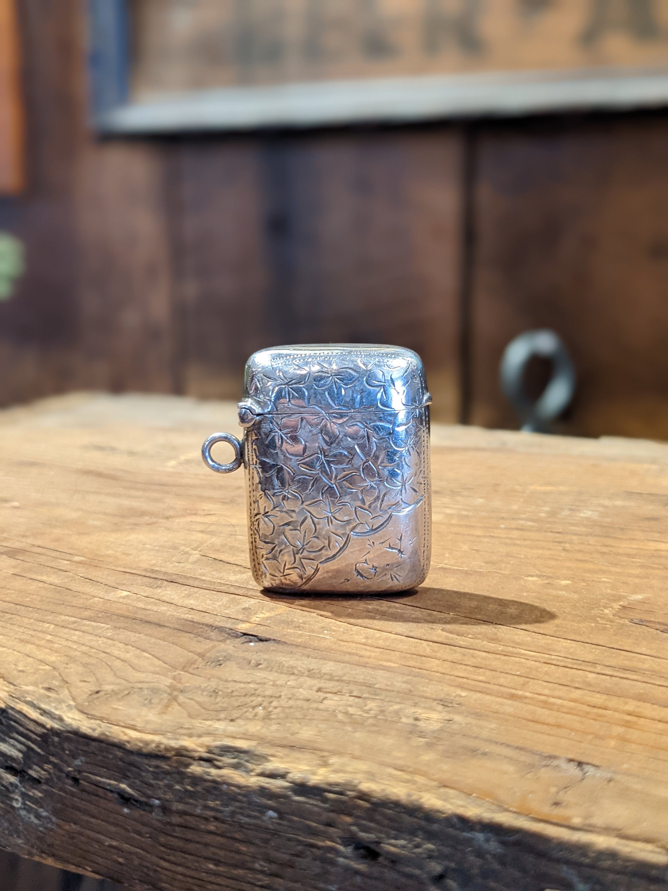 Silver Match Case- Safe With Flowers Pattern and Inscription