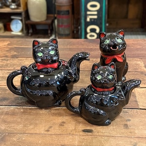 Ensemble de théière chat noir Shafford Pottery vintage – 2 théières et un pot à crème – Chats en céramique d'Halloween des années 50
