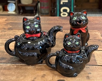 Vintage MCM 1950's Shafford Redware Pottery Black Cat Head Ashtray