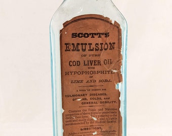 アンティーク◆Extract of Malt and Cod Oil ポット Antique Scott's Emulsion Cod Liver Oil Bottle With Paper