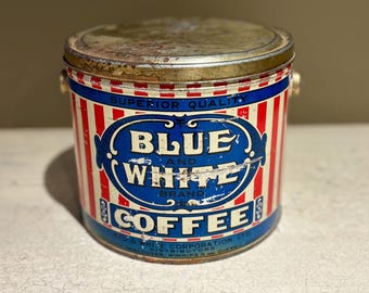 Lata de café vintage de la marca Blue & White, Red and White Corp.